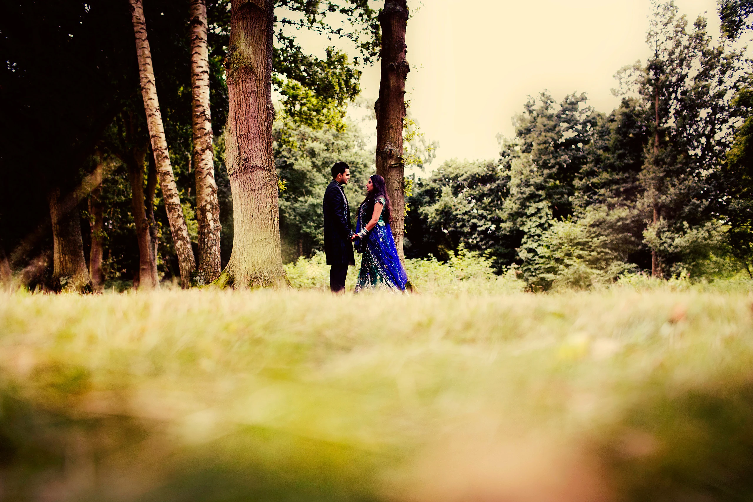 A couple in Asian wedding clothes stand together in a sunlit woodland clearing beyond soft foreground grass.