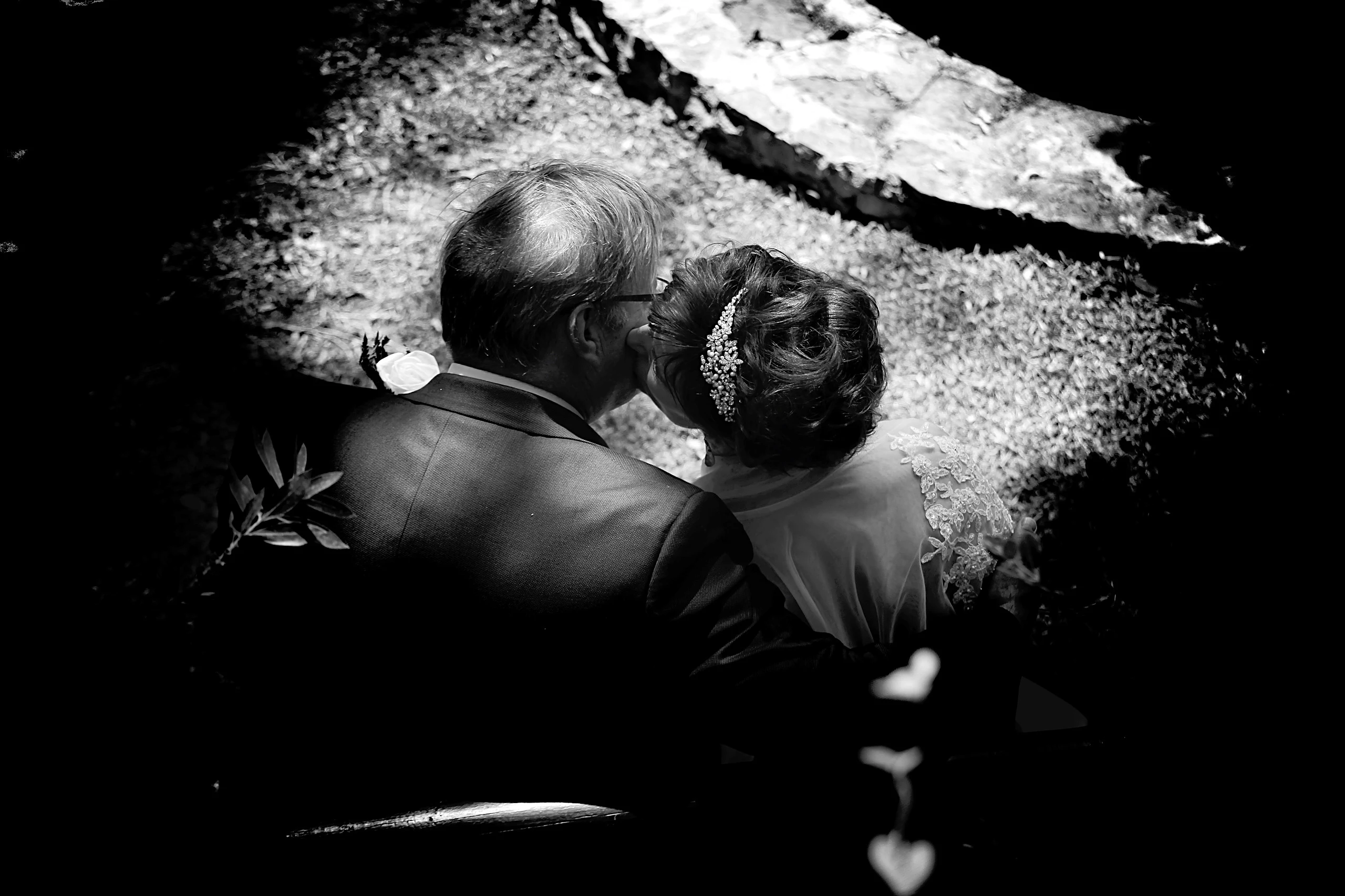 An older bride and groom share a kiss on a garden bench, seen from behind in dramatic black and white.